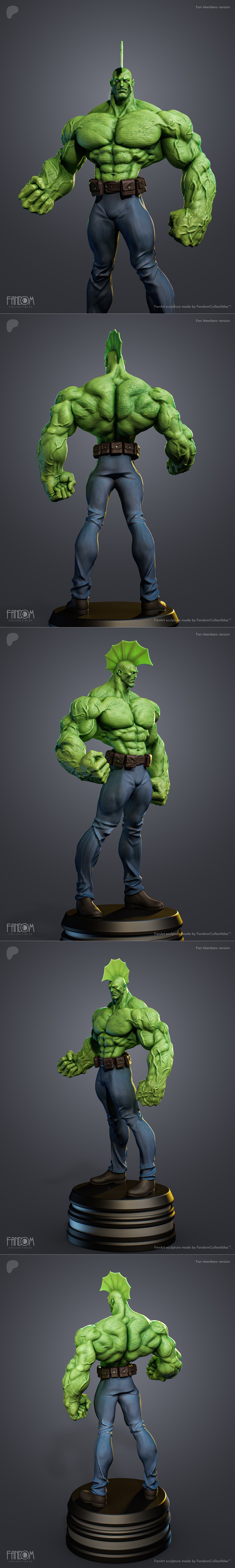 Savage Dragon character 3D model, green-skinned, muscular, wearing sunglasses, white tank top, blue pants, and a util...