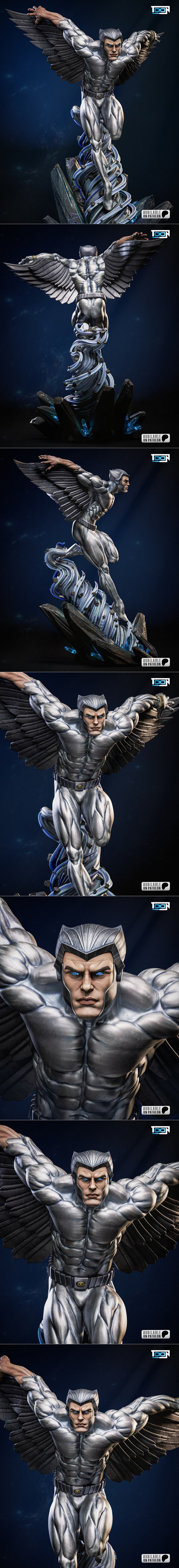 Silverhawk 3D model figure in mid-flight, wings spread, muscular body, metallic suit, emerging from energy vortex on...