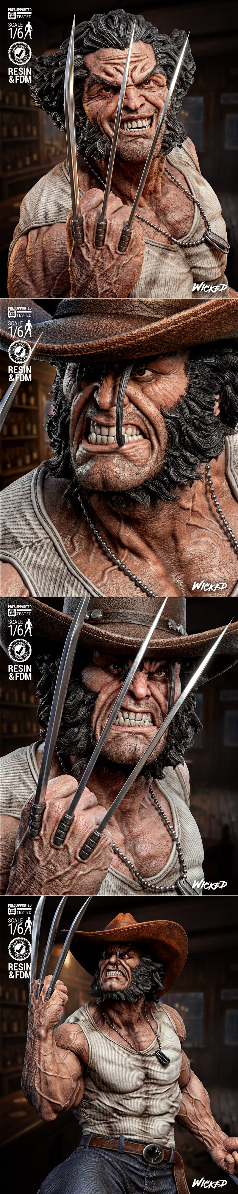 Wolverine in a cowboy hat and white tank top, brandishing adamantium claws, standing on a wooden platform with a red...