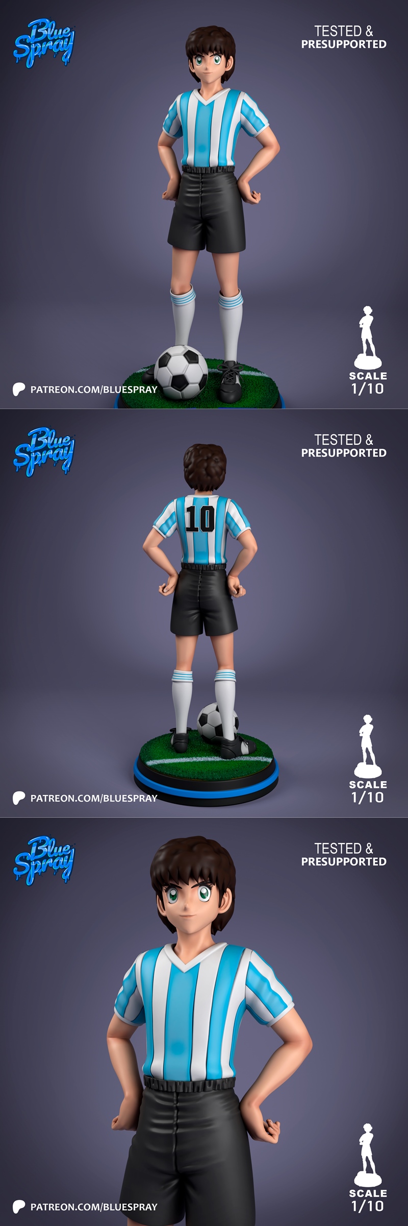 1:10 scale 3D model of Tsubasa Ozora from Captain Tsubasa, wearing a blue and white striped soccer jersey and black s...