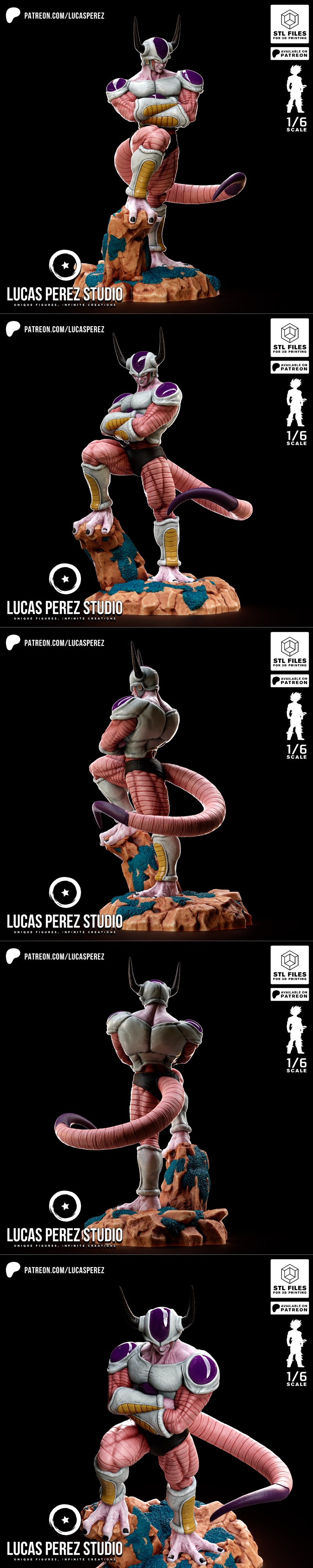 Freezer in Second Form, 1/6 scale 3D model by Lucas Perez Studio, standing on a rocky base with arms crossed, wearing...
