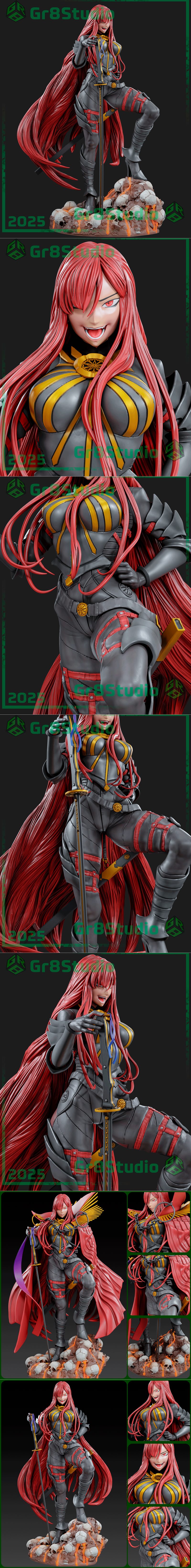 Demon King Nobunaga (Nobunaga Avenger) figure from Fate, standing on a skull base, wearing dark armor and a red cape,...