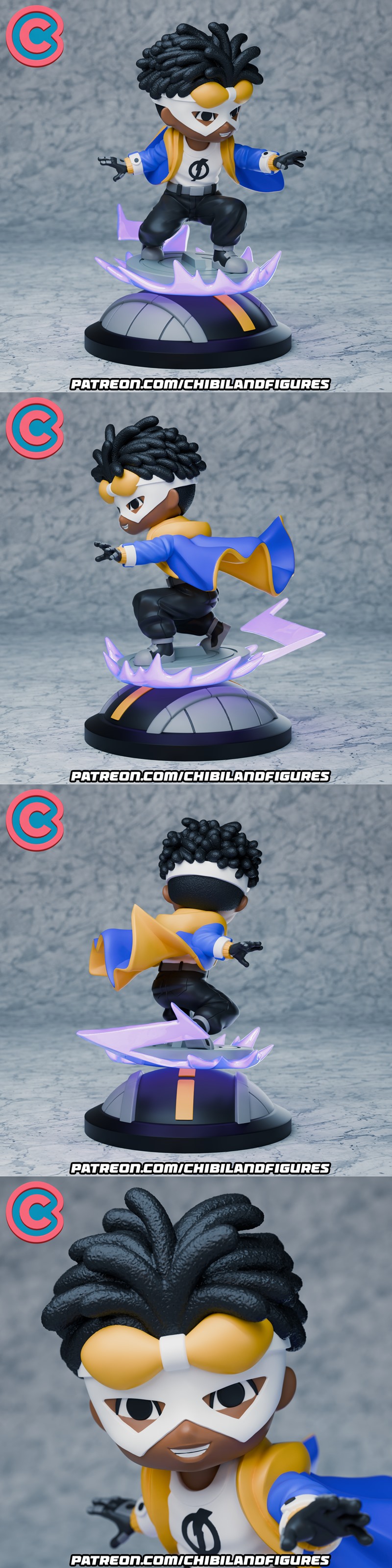 Chibi Static Shock 3D model figure in a dynamic pose, wearing a white mask, yellow jacket, blue cape, and black pants...