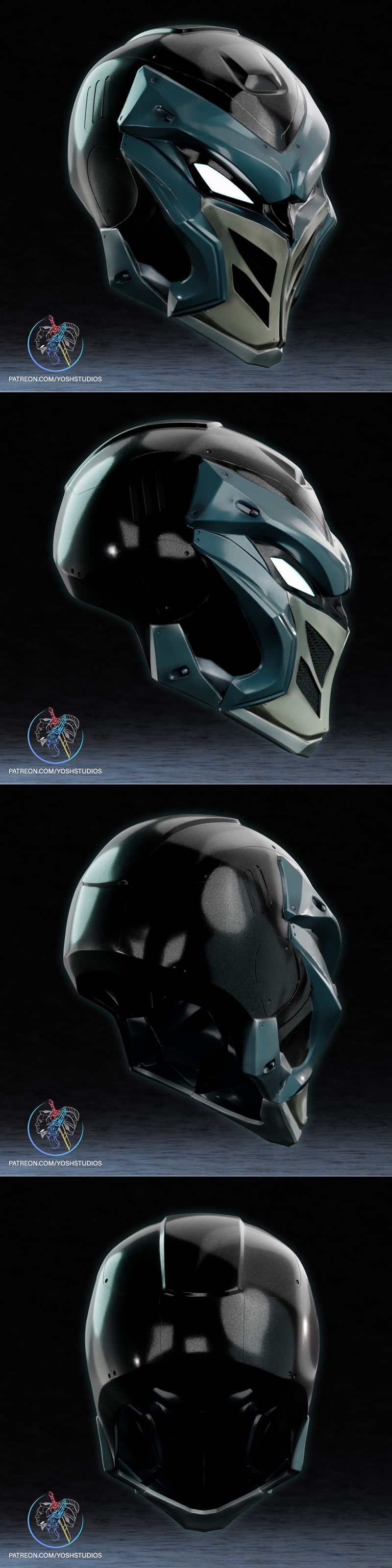Futuristic helmet with glowing white eyes, teal and grey plating, and a textured face grille. Marked with '.com/yoshs...