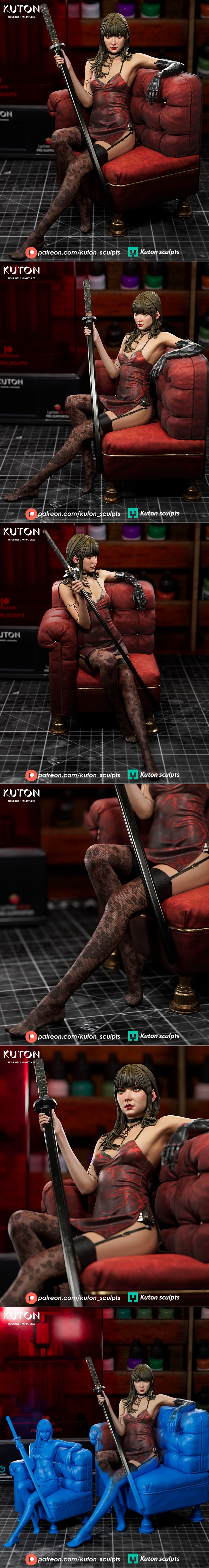 Yuriko character figure with katana, wearing a short red dress and thigh-high stockings, seated on a red sofa, with a...