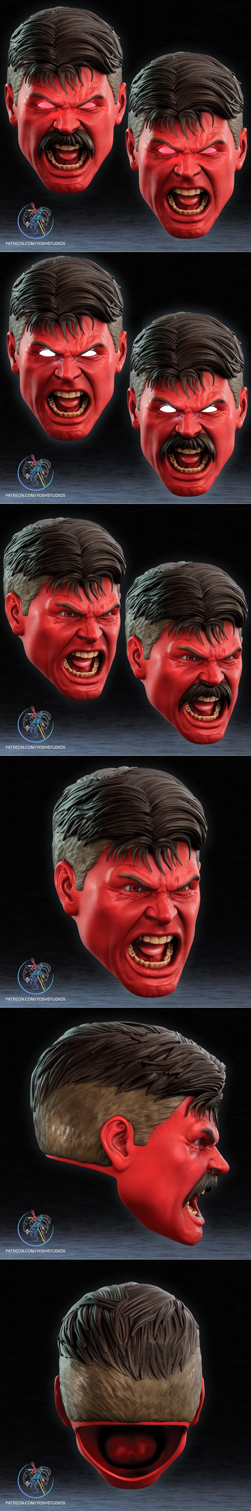 Two 3D printed masks of the Red Hulk, one with a mustache, both showing intense angry expressions with mouths open.