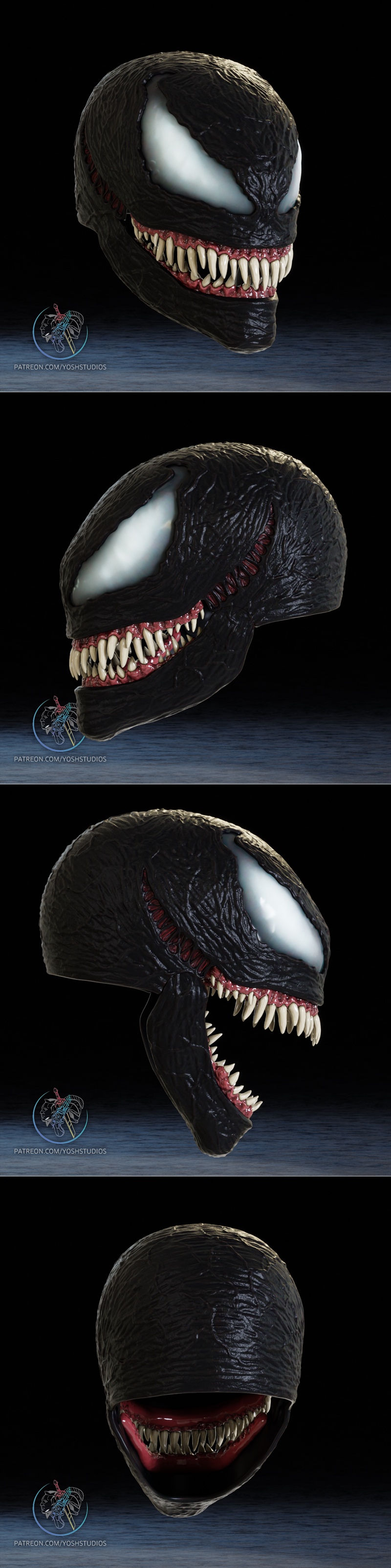 Venom movie mask 3D model with textured black skin, white eyes, and a wide grin showing sharp teeth.