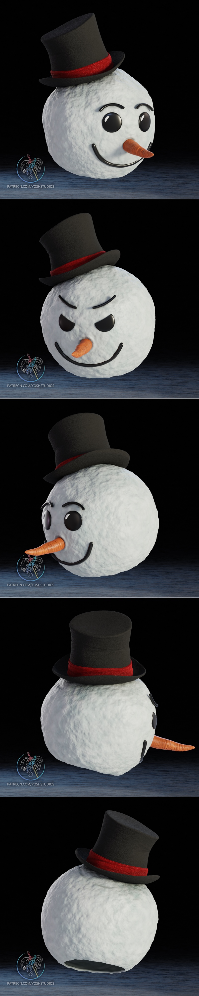 Snowman head with a black top hat and red band, orange carrot nose, and a smiling mouth. Textured white surface. Stud...