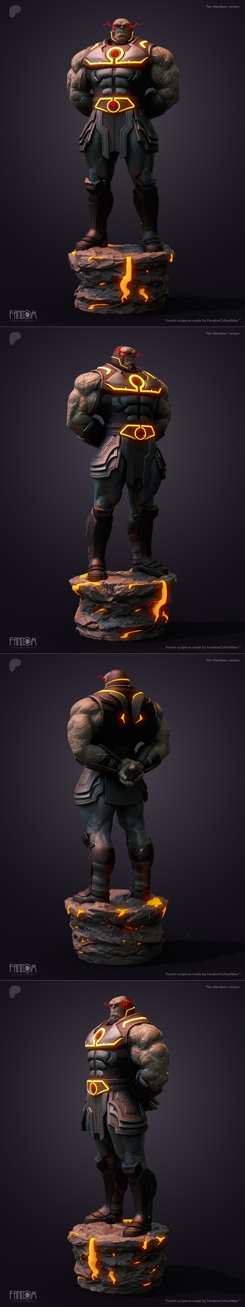 3D model of Darkseid from DC Comics, wearing dark armor with glowing purple accents, stone-textured skin, and radiati...