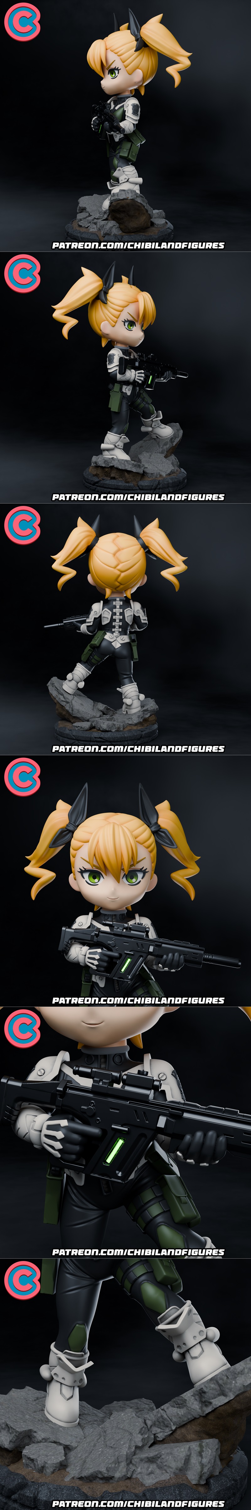 Chibi Kikoru figure with blonde pigtails and green eyes, holding a rifle, wearing tactical gear and white boots, stan...