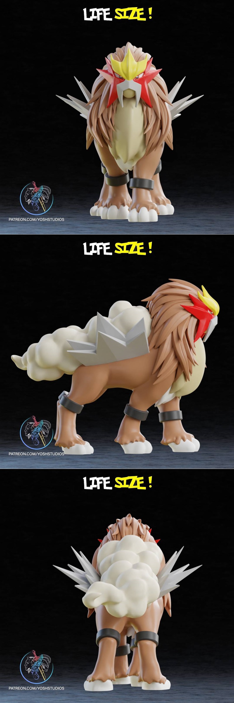 3D model of Entei, a large, brown, lion-like creature with a red and yellow mane, standing powerfully against a black...