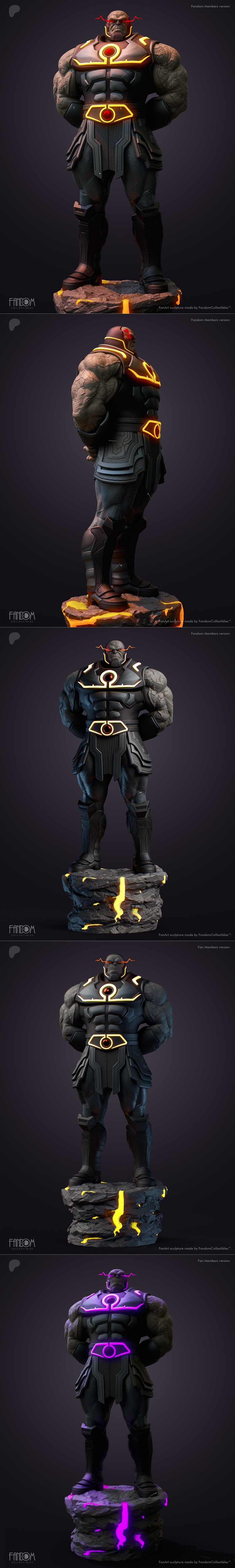 3D model of Darkseid from DC Comics, wearing dark armor with glowing purple accents, stone-textured skin, and radiati...