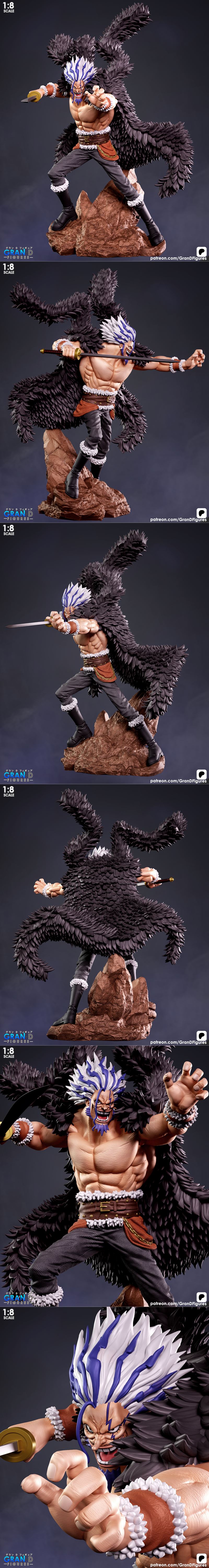 Rocks D. Xebec 1:8 scale anime figure, muscular build, wild blue and white hair, black feathered cloak, brown belt, f...