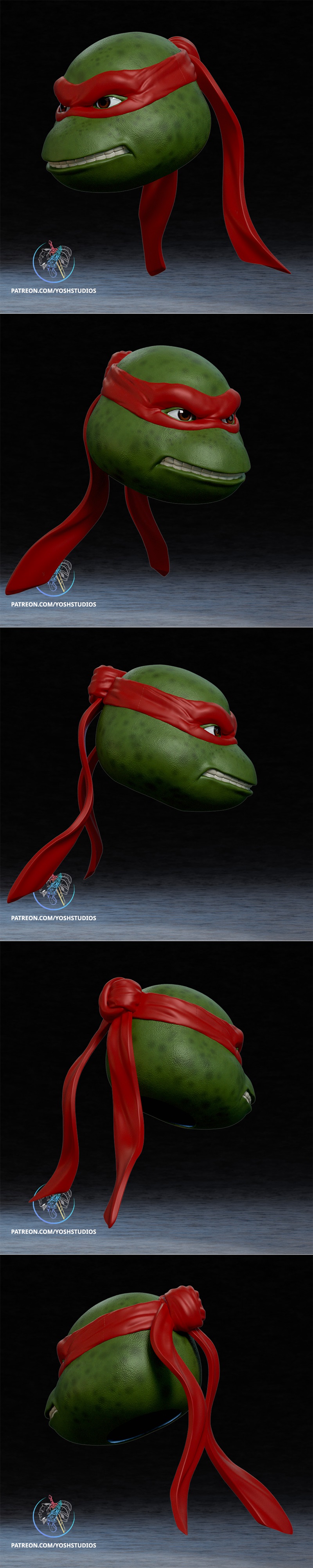 Raphael the Teenage Mutant Ninja Turtle bust, green skin, red bandana, wide grin, detailed eyes, red scarf flowing.