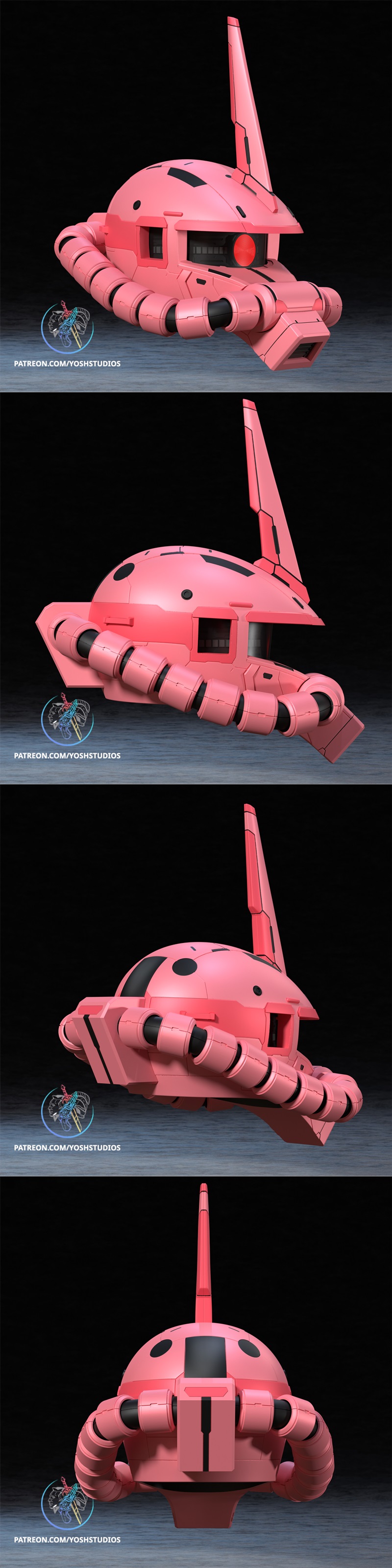 Pink Zaku II helmet from Gundam, featuring a red mono-eye, forehead horn, and detailed mechanical components. Model b...