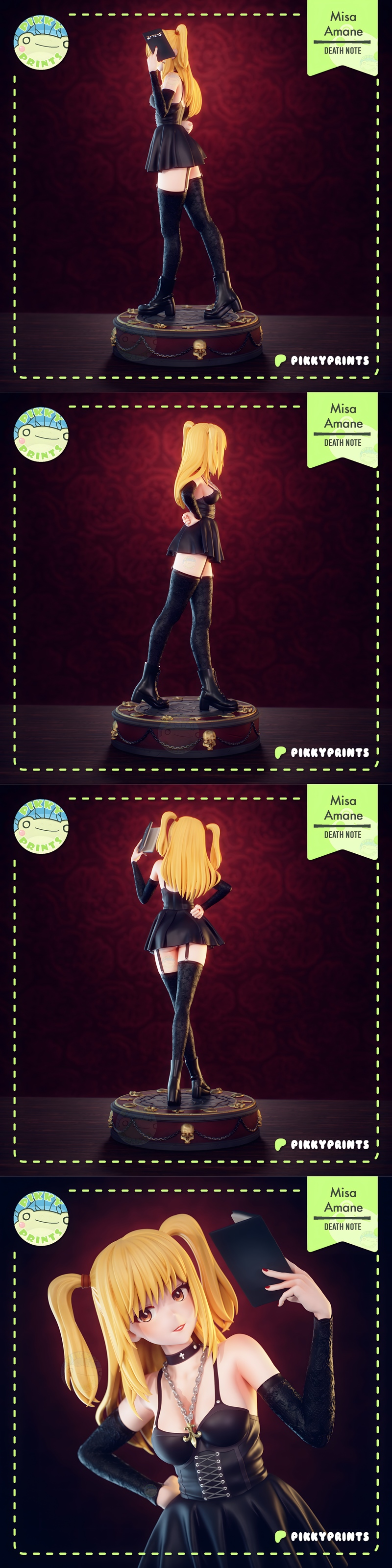 Amane Misa 3D model figure from Death Note, wearing a black gothic outfit with thigh-highs and holding a book, posed...