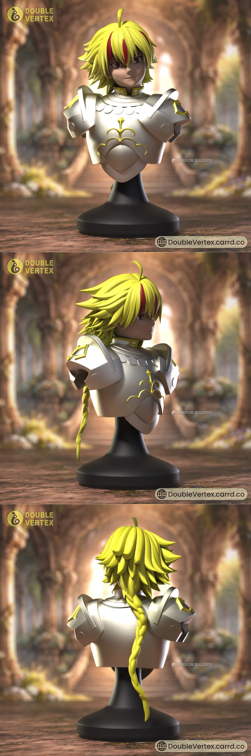 Bust of Richard I from Fate/Grand Order, wearing white and gold ornate armor, blonde hair with red streaks, presented...