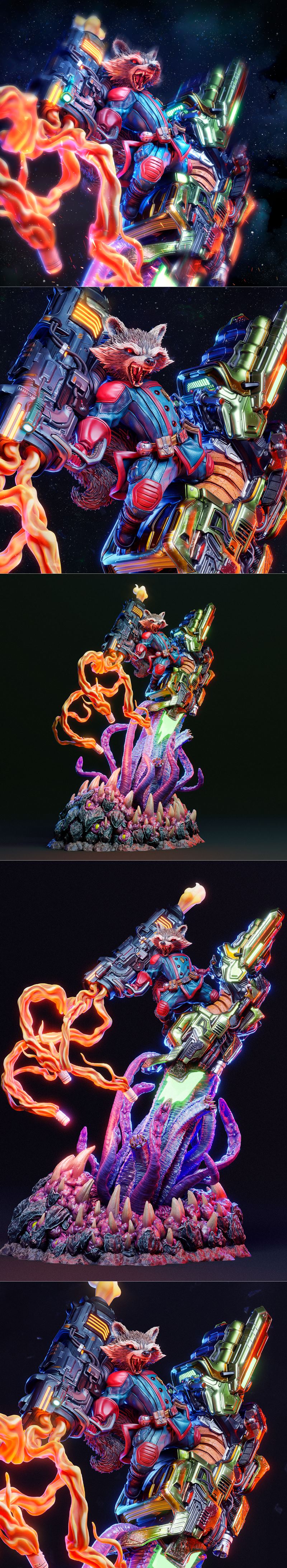 3D model of Rocket from Guardians of the Galaxy, firing large guns with orange and green energy, perched atop a monst...