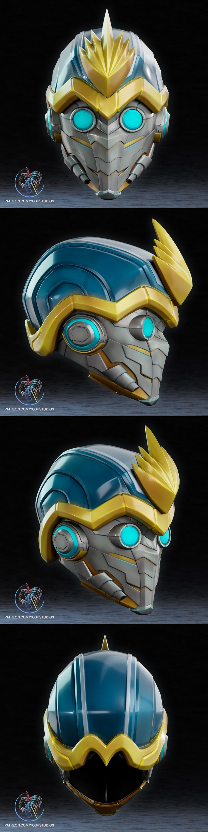 Close-up of a 3D printable Star Lord helmet from Marvel, featuring silver, gold, and glowing blue details.