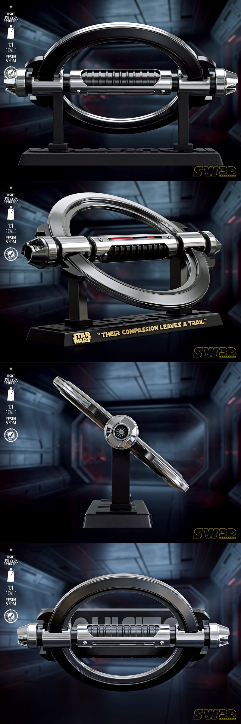 Star Wars Grand Inquisitor lightsaber prop on a display stand, featuring a circular hilt and red blade. SW3D logo and...