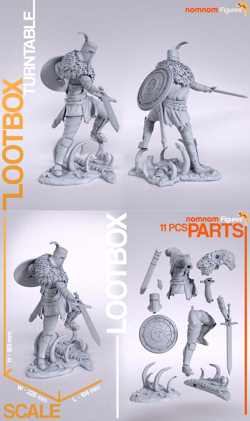 Solaire of Astora 3D model figure by Nomnom Figures, wearing full knight armor with chainmail, leather, and a green l...