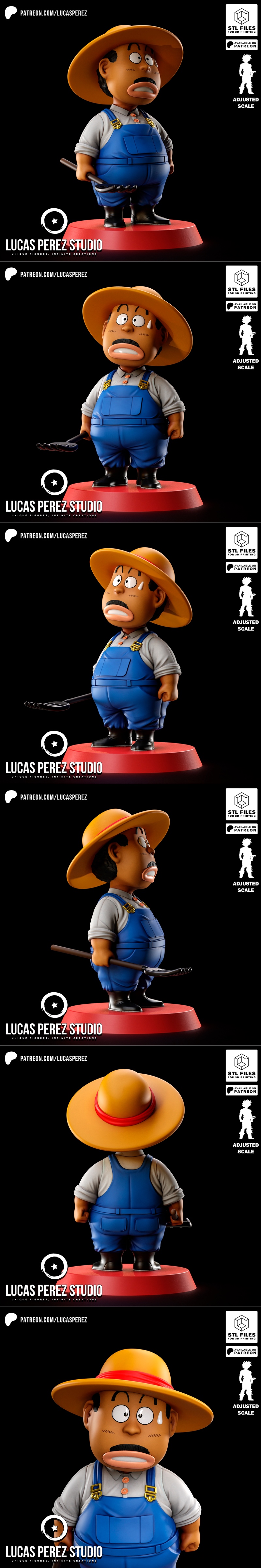 Chibi farmer character in blue overalls and straw hat, holding a tool, in anime style. 3D model by Lucas Perez Studio.
