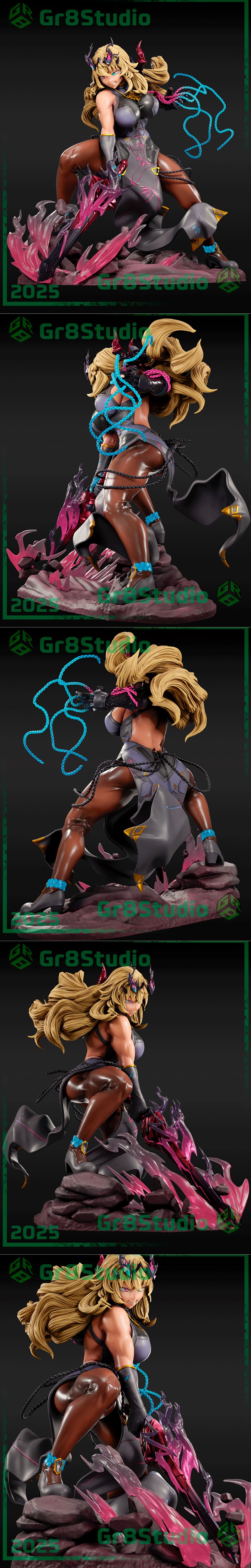 Gr8Tech 3D model of Barghest from Fate, crouching with a glowing weapon, muscular build, blonde hair, and a crown.