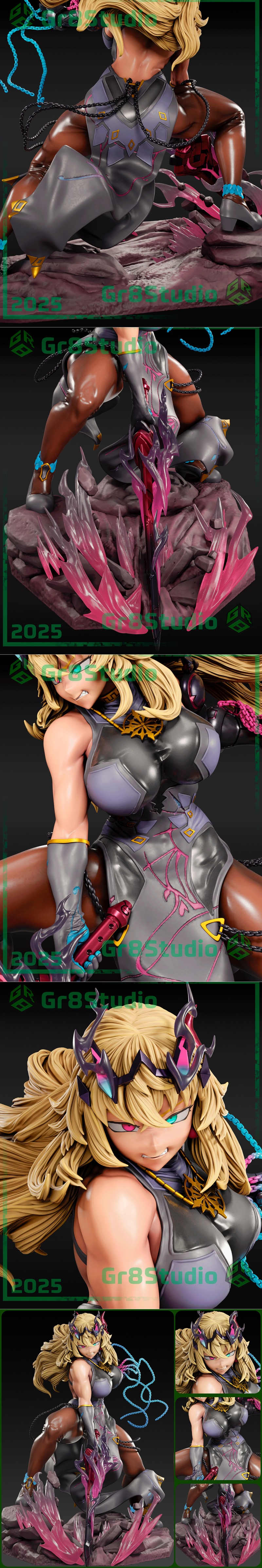 Gr8Tech 3D model of Barghest from Fate, crouching with a glowing weapon, muscular build, blonde hair, and a crown.