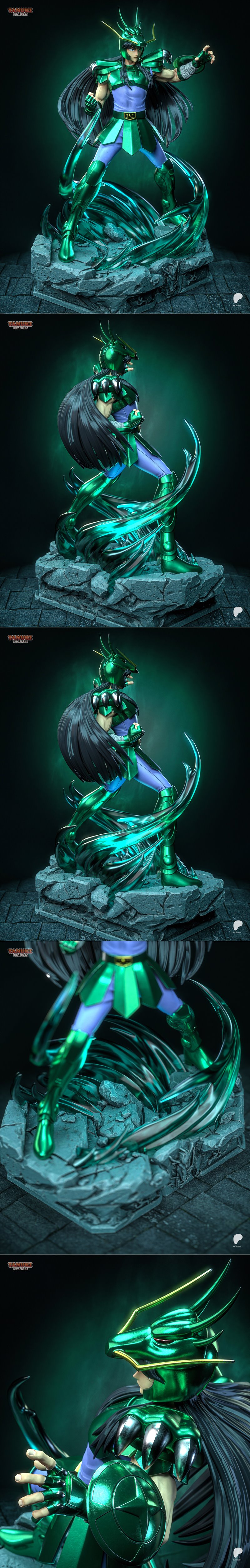 Shiryu from Saint Seiya in green Dragon Cloth armor, striking a combat pose on a rocky base with swirling green energ...