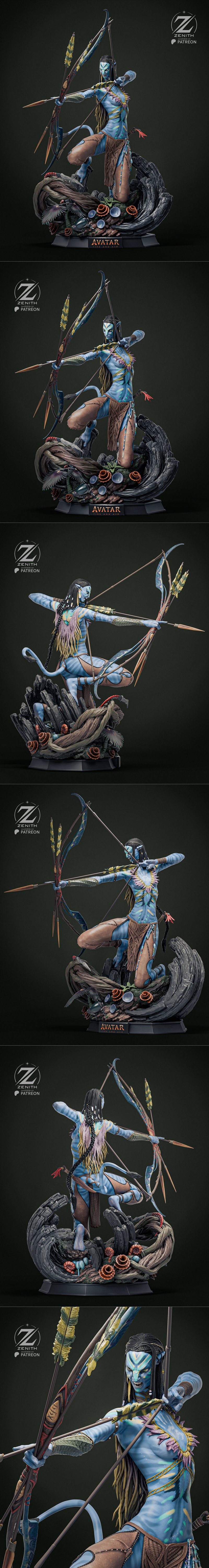 Neytiri from Avatar in a dynamic pose, drawing a bow and arrow. Blue-skinned warrior with tribal markings, wearing wo...