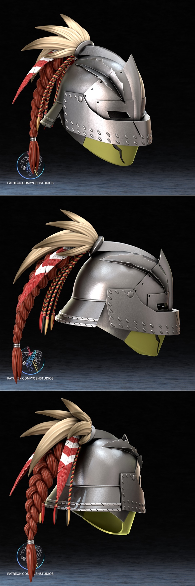 Front view of a silver medieval-style helmet with a yellow plume, inspired by Monster Hunter. Features eye slits, a p...