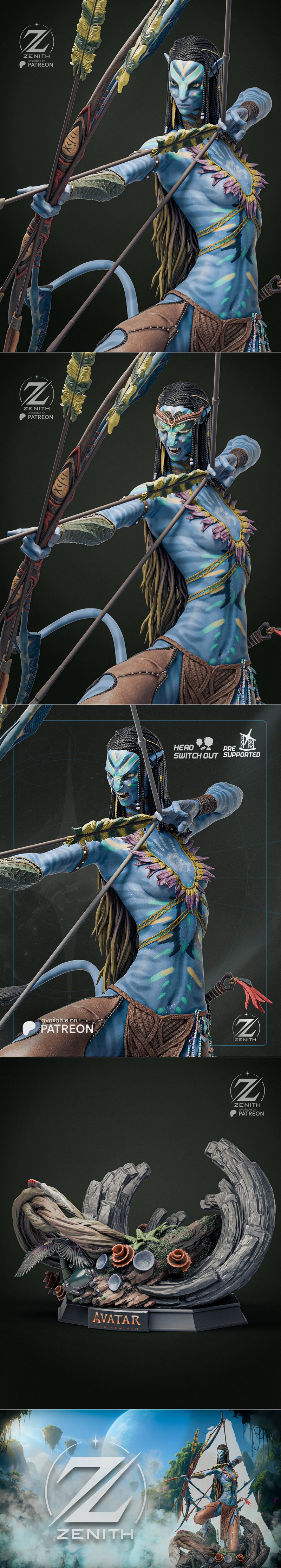 Neytiri from Avatar in a dynamic pose, drawing a bow and arrow. Blue-skinned warrior with tribal markings, wearing wo...