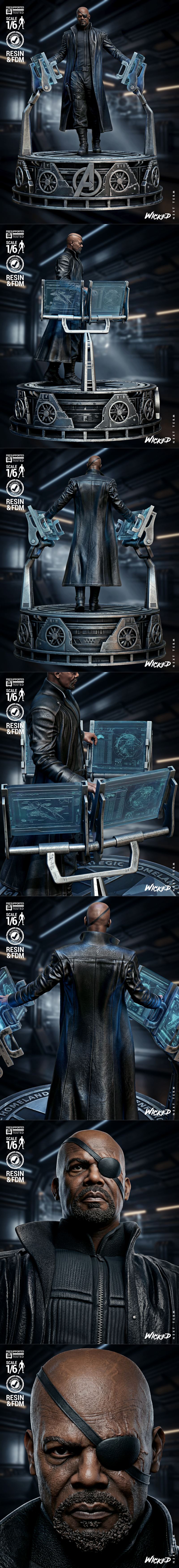 Nick Fury sculpture in tactical gear and trench coat, standing on a futuristic Avengers-themed base with holographic...
