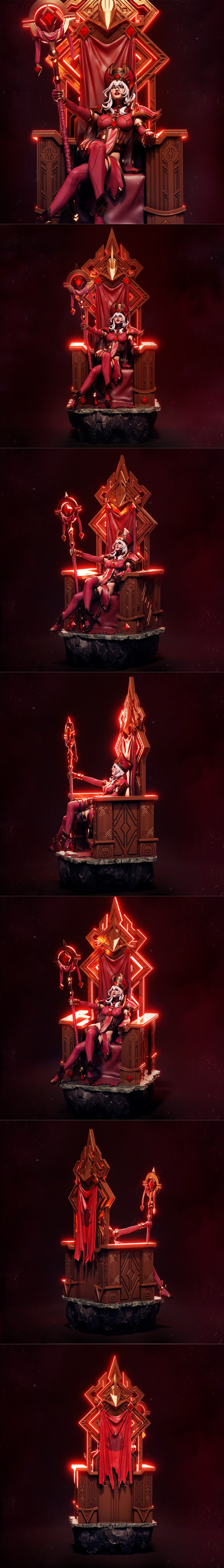 Sally Whitemane 3D model figure seated on a throne, wearing red and gold fantasy armor, white hair, red eyes, by CA 3...