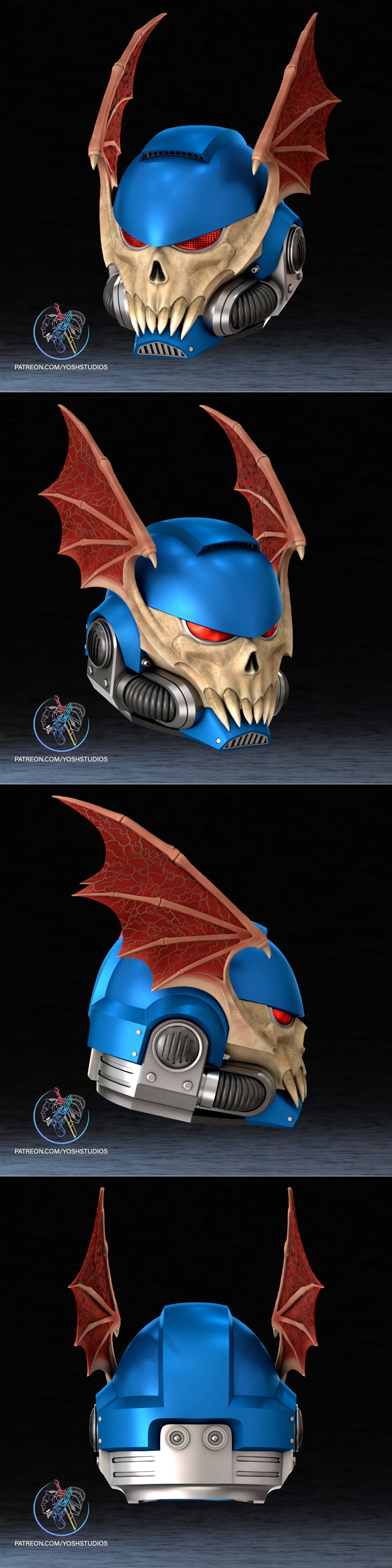 Blue Warhammer 40k Heretic Astartes helmet with a skull faceplate, red eyes, sharp teeth, and bat-like wings. Designe...