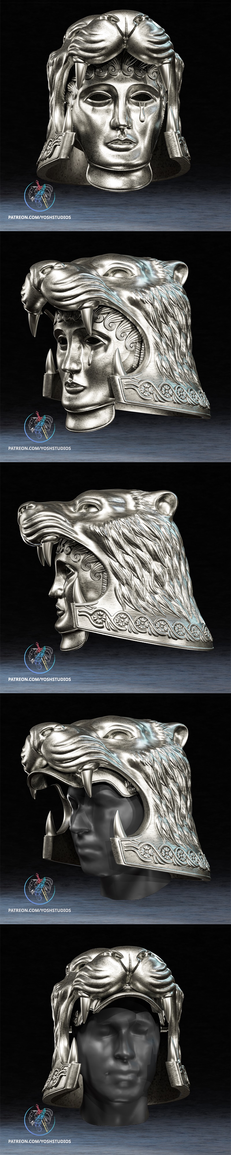 Silver 3D model of a gladiator mask with a lion's head helmet, featuring a human face with a tear.