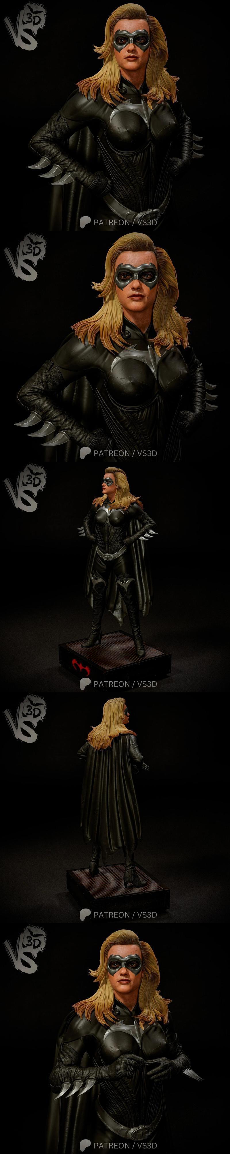 VS3D Batgirl figure in black leather suit with cape and mask, standing heroically on a patterned base.