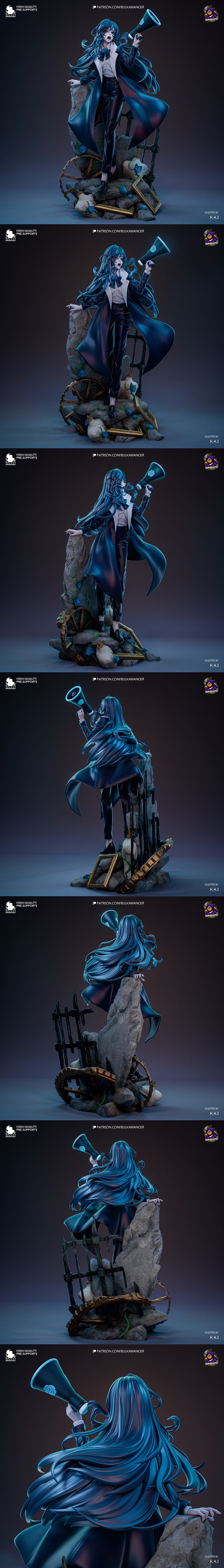 Chando 3D model figure with flowing blue hair, wearing a dark suit and holding a megaphone, surrounded by glowing blu...