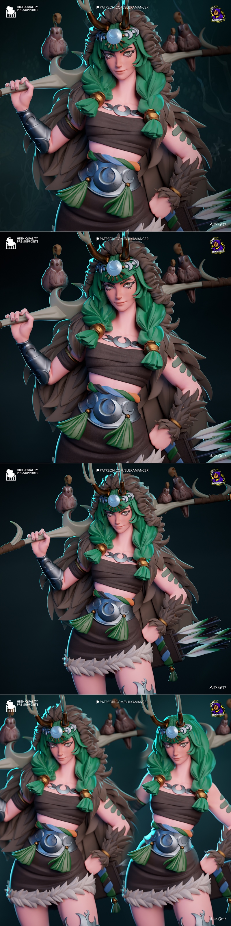 3D model of Artemis from Hades, holding a staff and a quiver of arrows. She has green hair, antlers, and wears tribal...
