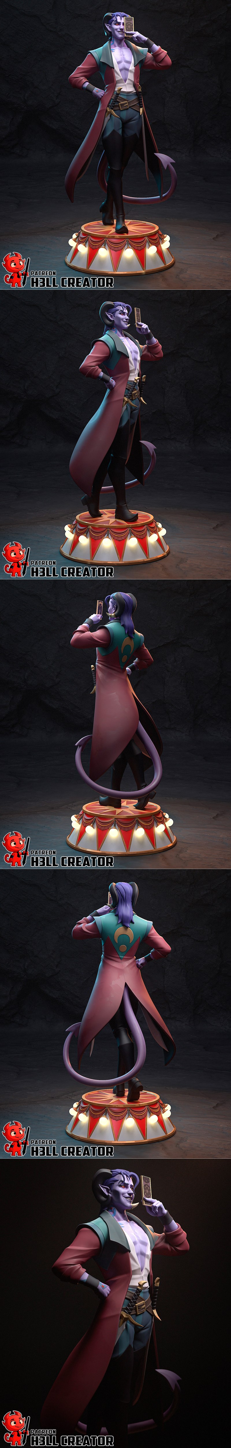 Mollymauk, a purple-skinned tiefling with horns, wears a red coat and open vest, holding a tarot card to his face wit...