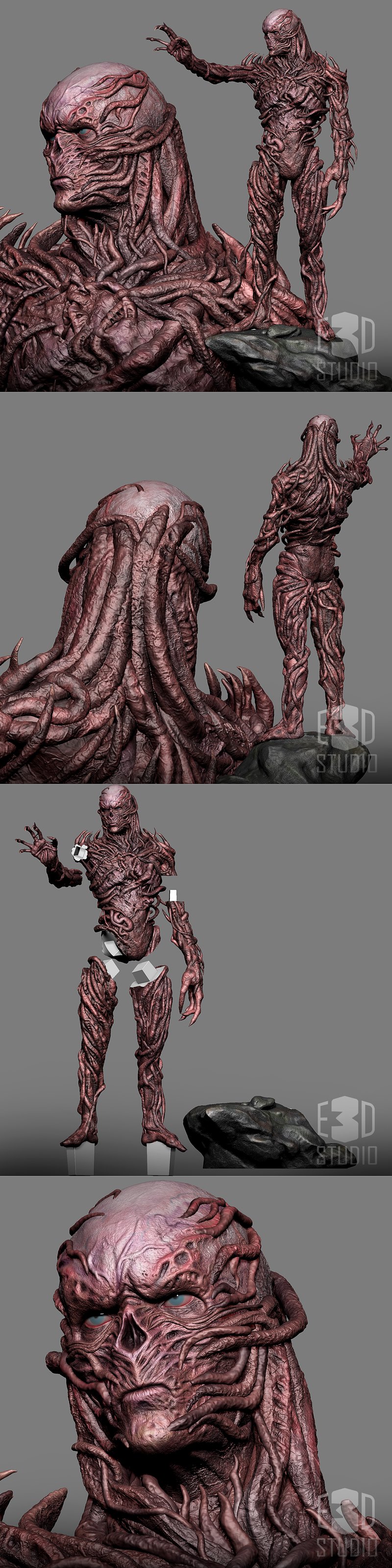 3D model of Vecna from Stranger Things, showing a detailed bust and a full figure covered in organic vines, with blue...