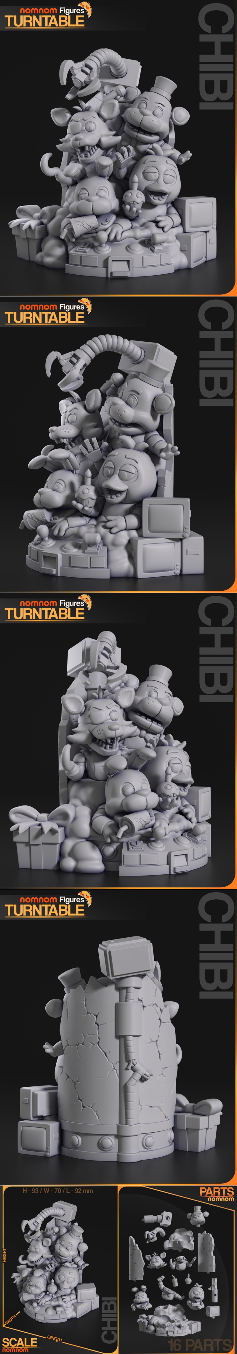 Chibi Freddy, Bonnie, Chica, and Foxy from Five Nights at Freddy's gathered around a control panel, with a robotic cl...