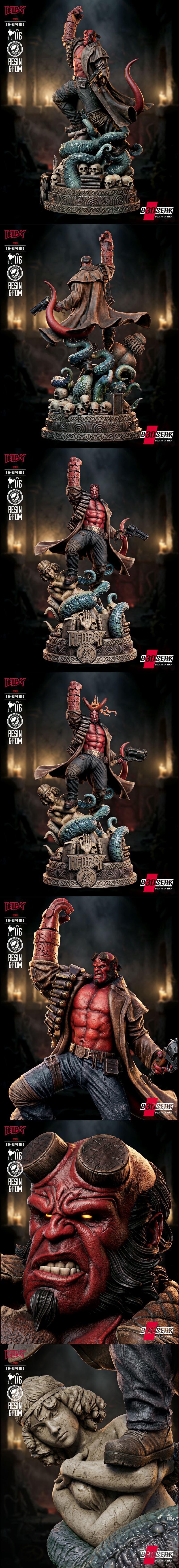 Hellboy figure with raised fist and revolver, standing on a base with tentacles and skulls. Trench coat, jeans, muscu...