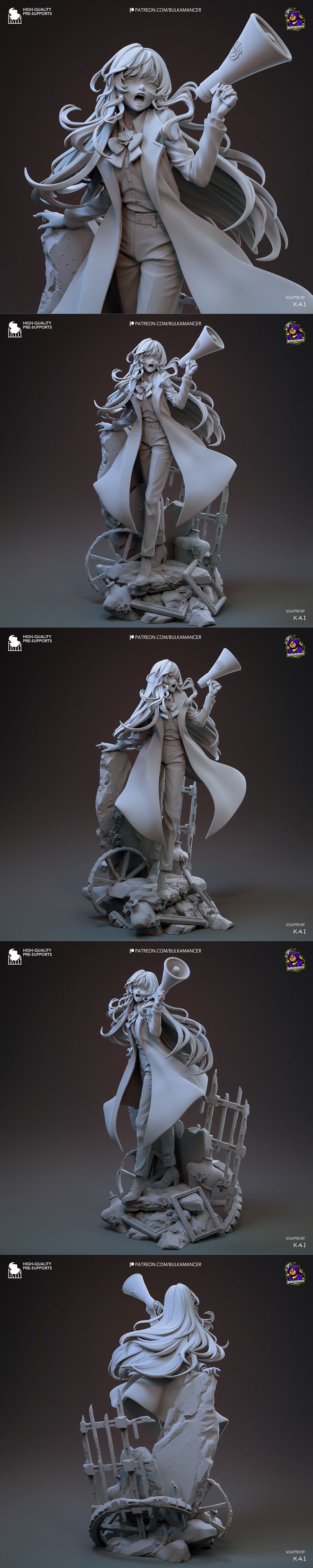 Chando 3D model figure with flowing blue hair, wearing a dark suit and holding a megaphone, surrounded by glowing blu...