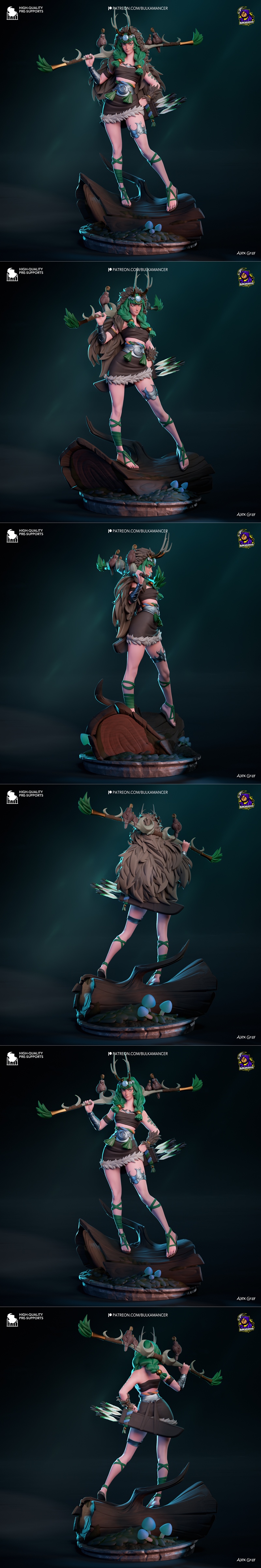 3D model of Artemis from Hades, holding a staff and a quiver of arrows. She has green hair, antlers, and wears tribal...