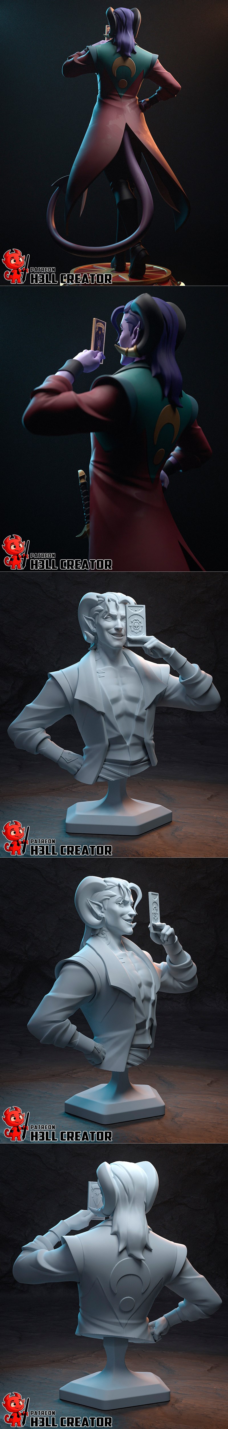 Mollymauk, a purple-skinned tiefling with horns, wears a red coat and open vest, holding a tarot card to his face wit...