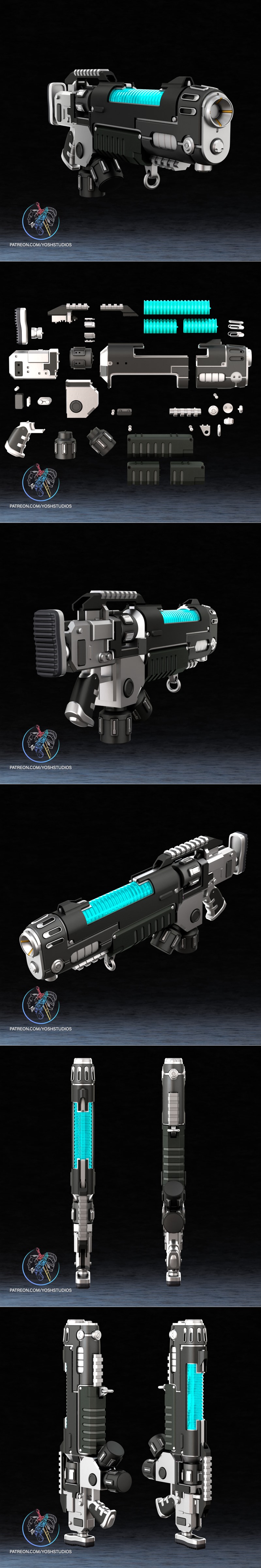 3D model of a futuristic Plasma Incinerator SM2 weapon, featuring a black and silver body with a glowing blue plasma...