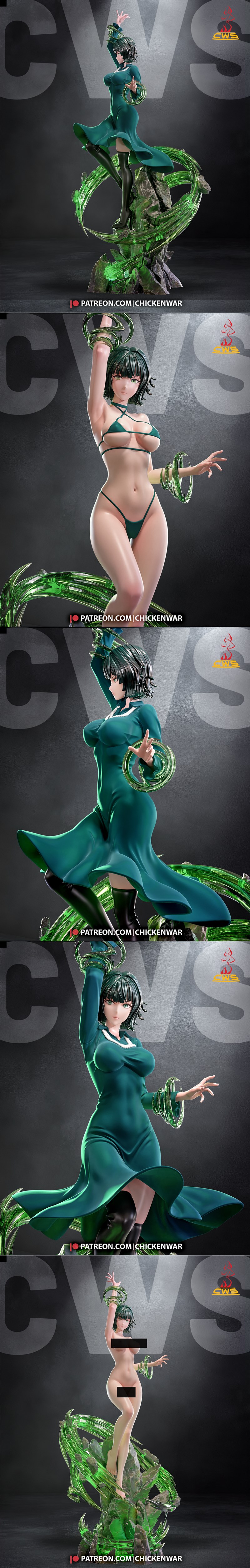 Fubuki from One Punch Man striking a dynamic pose, surrounded by swirling green psychic energy, wearing a green dress...