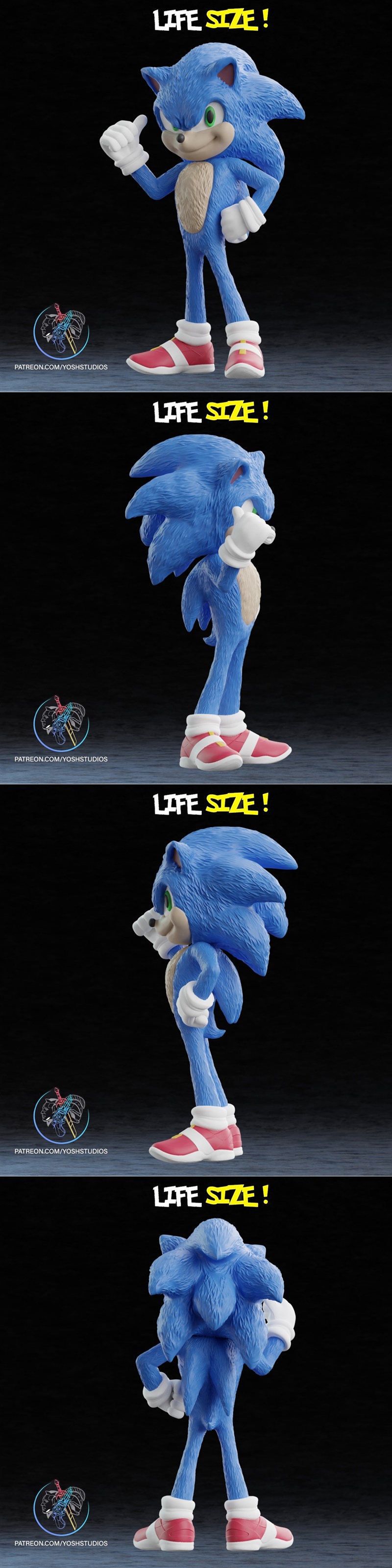 Sonic the Hedgehog 3D model, blue hedgehog with green eyes, white gloves, red and white shoes, giving a thumbs up.