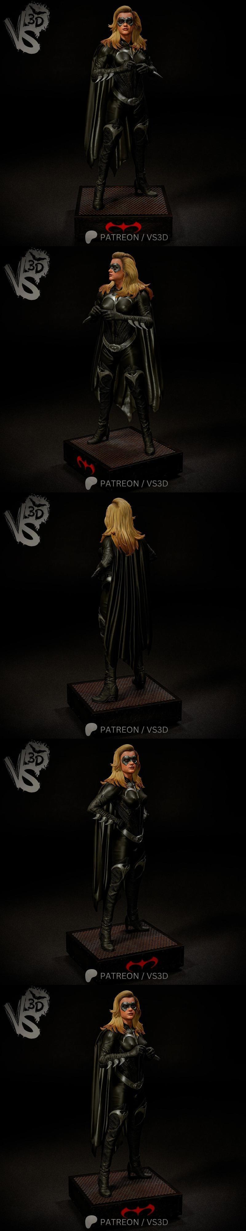 VS3D Batgirl figure in black leather suit with cape and mask, standing heroically on a patterned base.
